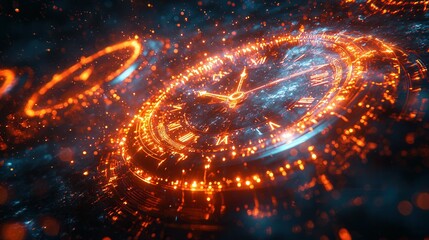 A digital clock rendered in vibrant orange lights against a dark, cosmic backdrop, showcasing intricate designs and sparkling particles.