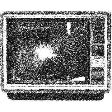 Creepy Halloween old broken tv collage element with vintage stippling photocopy effect. Retro vector illustration for psychedelic surreal poster, with experimental grunge dotted texture