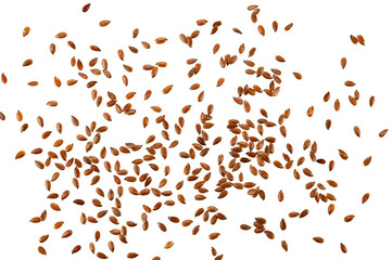 Naklejka premium Scattered brown flax seeds isolated on a transparent background. Top view.