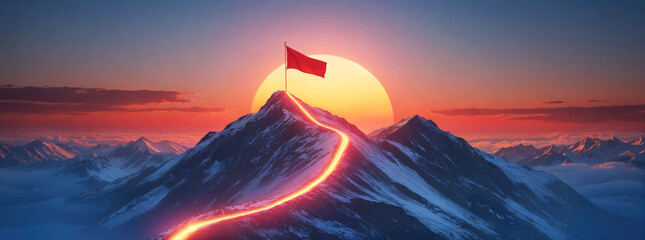 Concept of step-by-step achievement of goals. Glowing path leading to success and achievements concept with flag on peak of mountain. Ad poster for business the presentation.