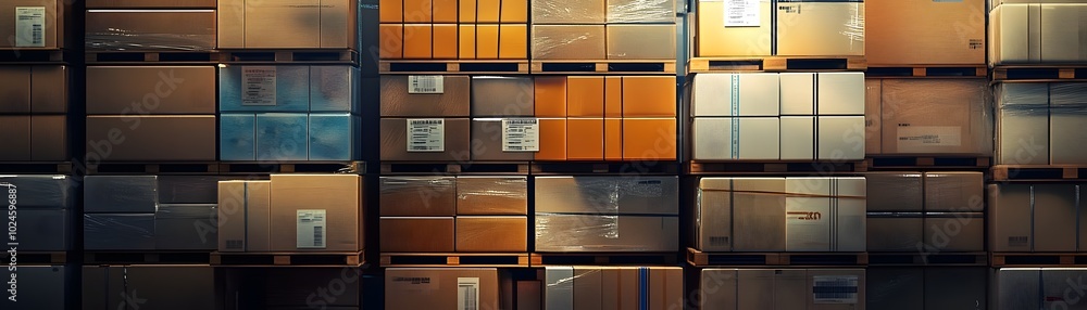 Poster a collection of stacked cardboard boxes in a warehouse, showcasing an organized storage system with 