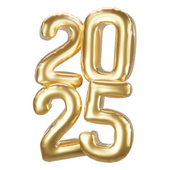 Happy new year 2025 metallic gold foil balloons. 3D render Golden Helium balloons 2025.