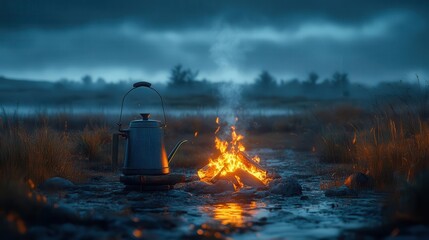 vintage coffee pot perched over a glowing campfire surrounded by a cozy atmosphere under the stars evoking a sense of warmth and nostalgia in a romantic evening setting