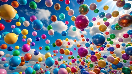 Colorful balloons floating against a blue sky with clouds, creating a joyful atmosphere for playful design concept
