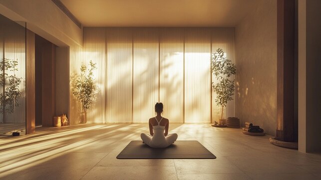 Mujer meditando en un estudio minimalista iluminado por luz natural suave, concepto de calma y bienestar interior