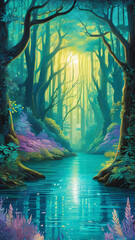 illustration of a magical river flowing through a dense mystical forest