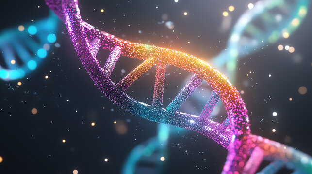 Vibrant close-up of a DNA double helix with colorful sparkles, illustrating genetic information and molecular biology concepts, set against a dark, magical background.