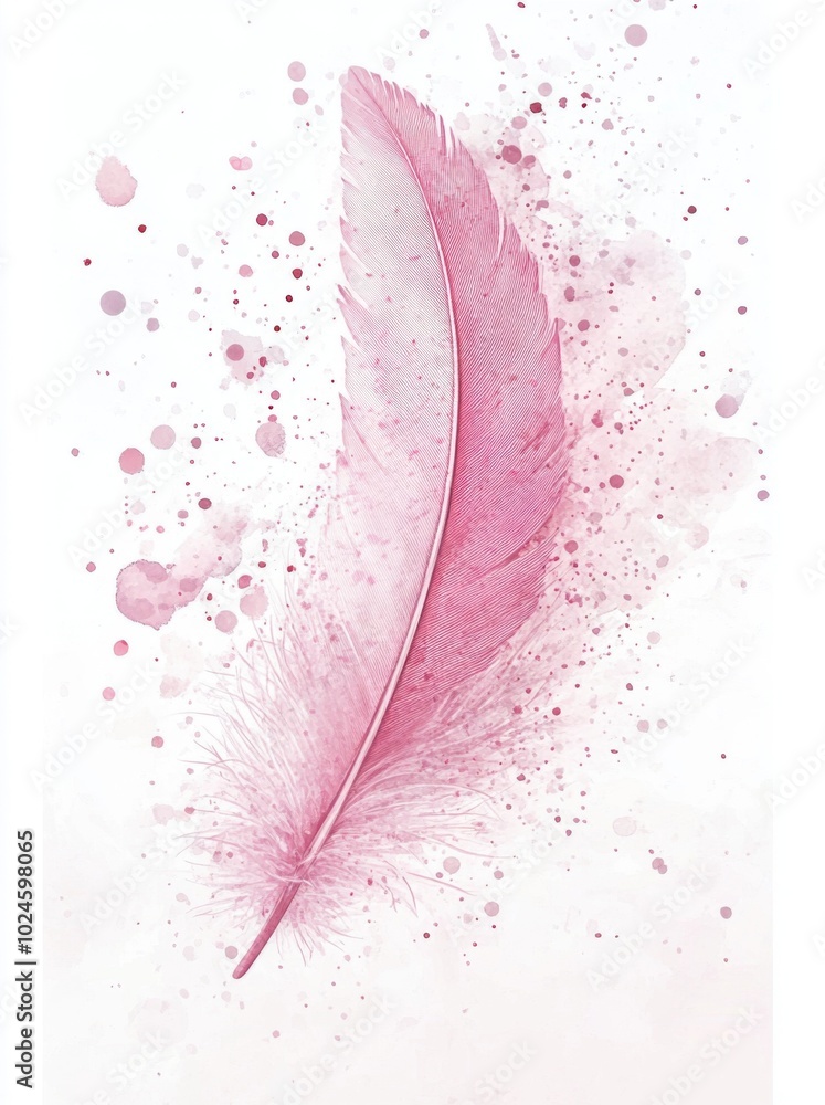 Poster A soft pink feather floating in the air, surrounded by delicate watercolor splashes of color on a white background, creating an elegant and dreamy atmosphere.