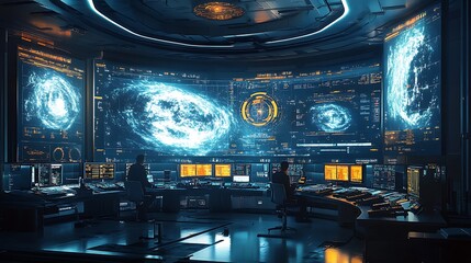 A high-tech laboratory filled with hydrometeorologists studying global weather trends using interactive satellite data, glowing holographic maps and storm projections visible on multiple screens,