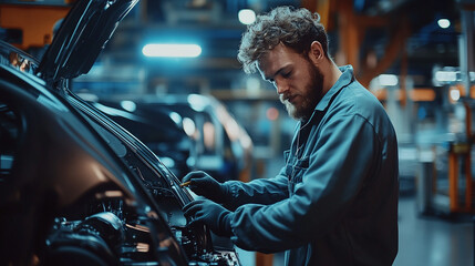 An employee at an automotive factory troubleshooting a technical issue