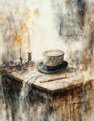 Hat of a poor writer from the past next to a candle on a wooden table 