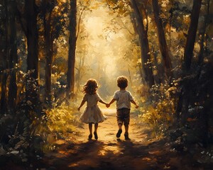 Fototapeta premium Two children walking hand in hand through a sunlit forest, enjoying a magical moment in nature's embrace.