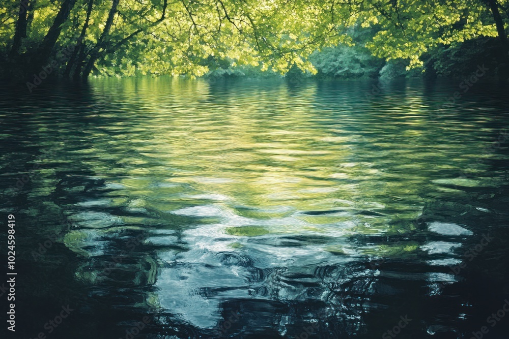 Poster a tranquil pond with dappled sunlight filtering through the trees, creating a serene and peaceful at