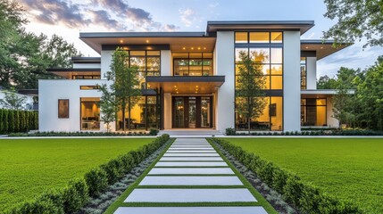 Obraz premium A modern two-story home with a boxy design, featuring large windows and a clean, minimalistic