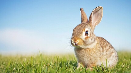 Fototapeta premium Bunny in a Meadow: A sweet, fluffy rabbit sits in a meadow, looking up with a curious expression. The image is perfect for springtime, Easter, or any project needing a touch of cuteness. 