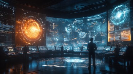 A high-tech weather research center with professionals examining atmospheric pressure changes using real-time visualizations, detailed graphs and holographic projections,