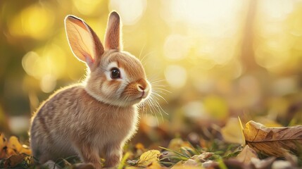 Fototapeta premium Golden Hour Bunny: Adorable rabbit sitting amidst autumn leaves, bathed in warm sunlight. A heartwarming image perfect for nature lovers and pet enthusiasts. 