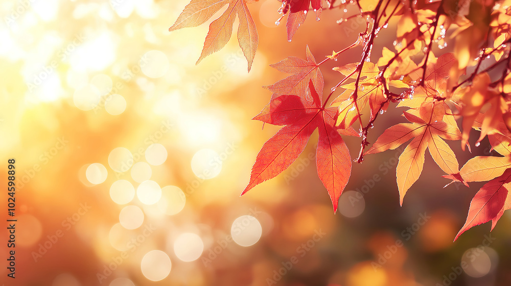Poster festive web banner for autumn and year-end events featuring maple leaves and a warm bokeh background