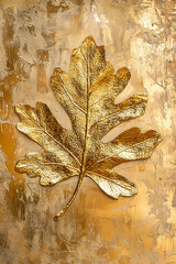 Gold oak leaf on golden grunge background. Vertical home decor, printable wall art