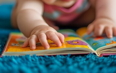 A curious baby exploring a colorful storybook, enhancing early learning and sensory development through playful engagement.