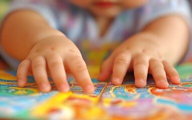 Obraz premium A close-up of a child's hands exploring a colorful puzzle, fostering sensory development and early learning through play.