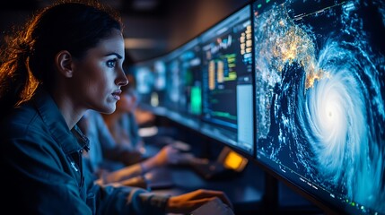A meteorological control room with scientists forecasting severe weather conditions using live satellite feeds, 3D digital maps of storm systems and temperature shifts, high-tech environment,
