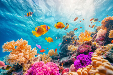 Fototapeta premium Bright tropical fish darting through soft and hard corals on a vibrant coral reef.