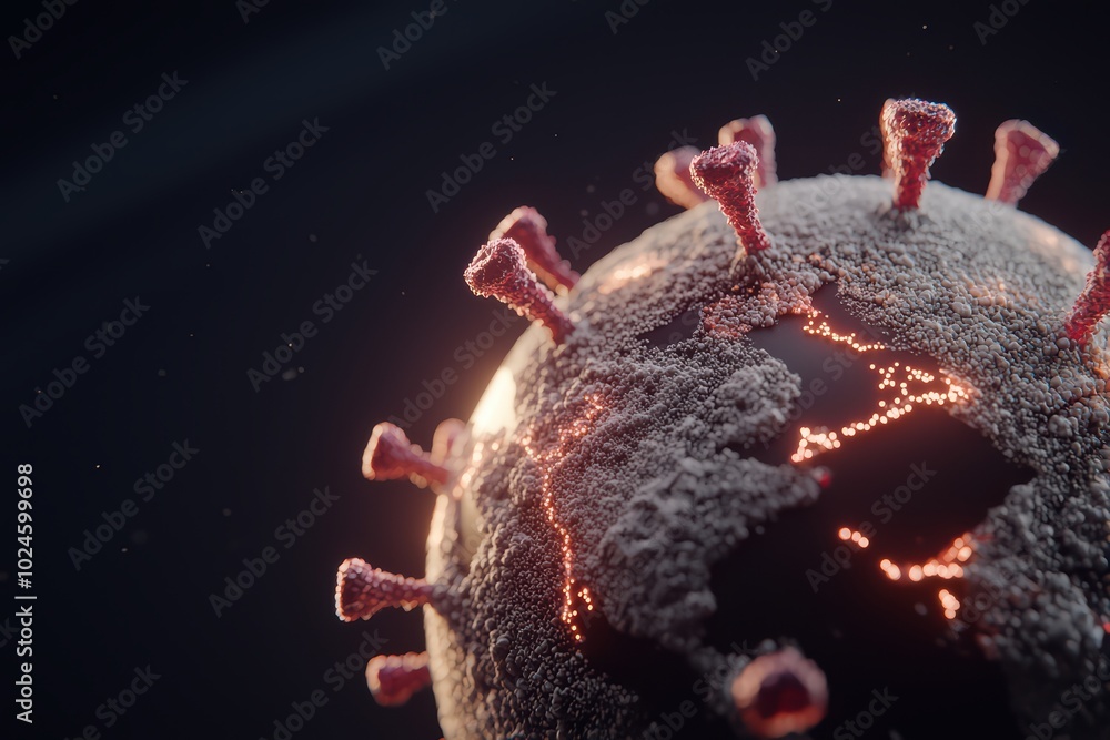 Poster detailed rendering of a virus model with glowing features against a dark background.