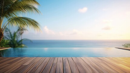 Fototapeta premium A poolside scene focusing on a wooden deck in the foreground. The deck leads to an inviting