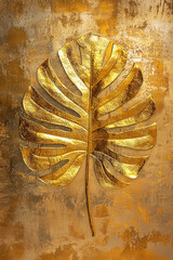 Golden monstera leaf on a grunge background. Decorative printable artwork, vertical wall art