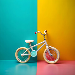 Fototapeta premium baby cycle with color background , Set of children's element, baby, children's overalls and children's bicycle