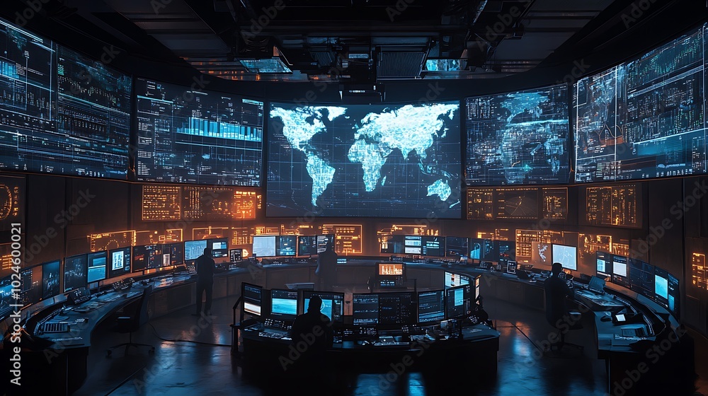 Wall mural a modern control room filled with scientists tracking humidity and temperature changes on high-resol