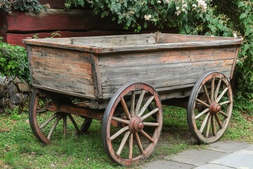 Fototapeta premium A rustic, weathered wooden wagon with sturdy iron-rimmed wheels, suggesting a historical