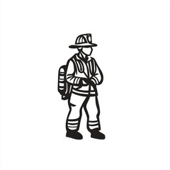 Firefighter in uniform, kneeling beside a fire truck, checking equipment with a serious expression. Smoke fills the background, indicating an active emergency situation.