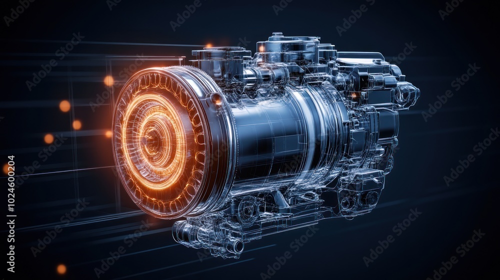 Aufkleber Wireframe Representation of a Mechanical Engine with Glowing Core
