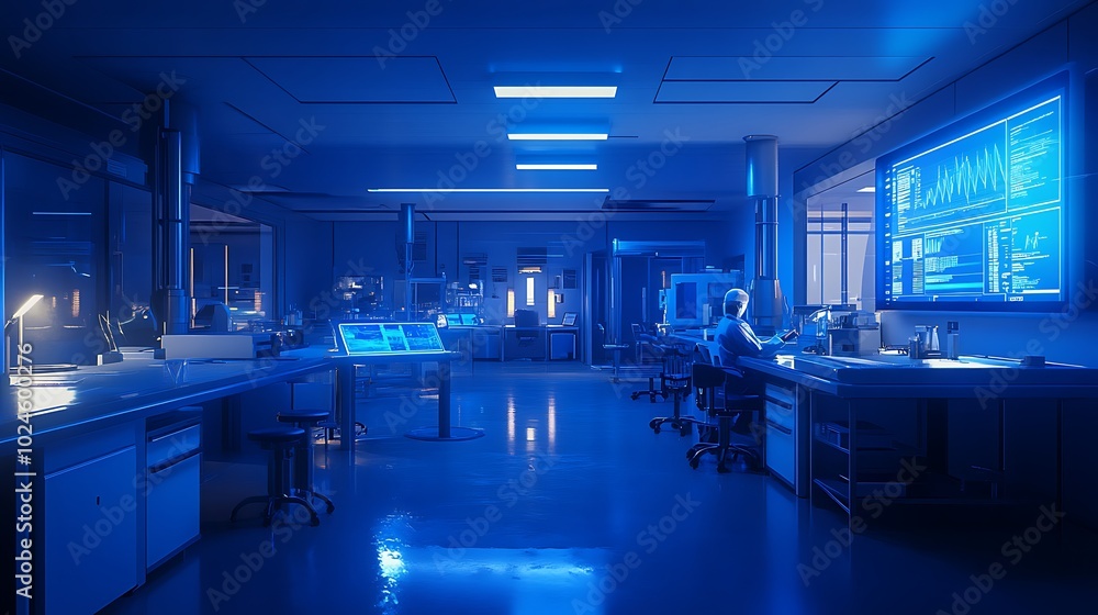 Wall mural a modern meteorological lab filled with scientists evaluating complex satellite data, real-time visu