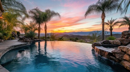 A serene backyard pool with a natural, freeform design. The pool is surrounded by desert