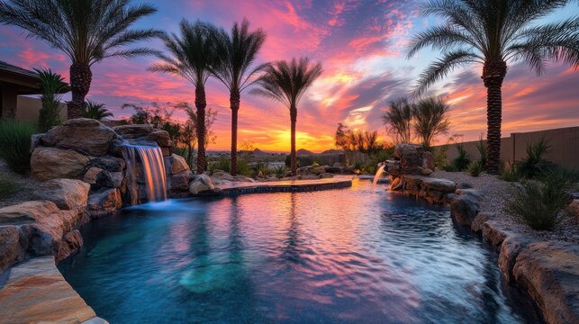 A serene backyard pool with a natural, freeform design. The pool is surrounded by desert