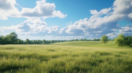 A serene, expansive meadow with tall grass and scattered trees under a blue sky filled with light