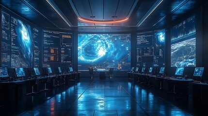 A professional conference room where meteorologists present weather analytics using satellite snapshots, glowing screens showing storm intensity and cloud formations,