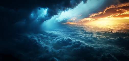 Fototapeta premium Dramatic sky with contrasting dark and bright clouds at sunset