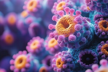 virusthemed illustration depicting the microscopic view of infectious disease showcasing vibrant colors and abstract structures to emphasize health and scientific exploration