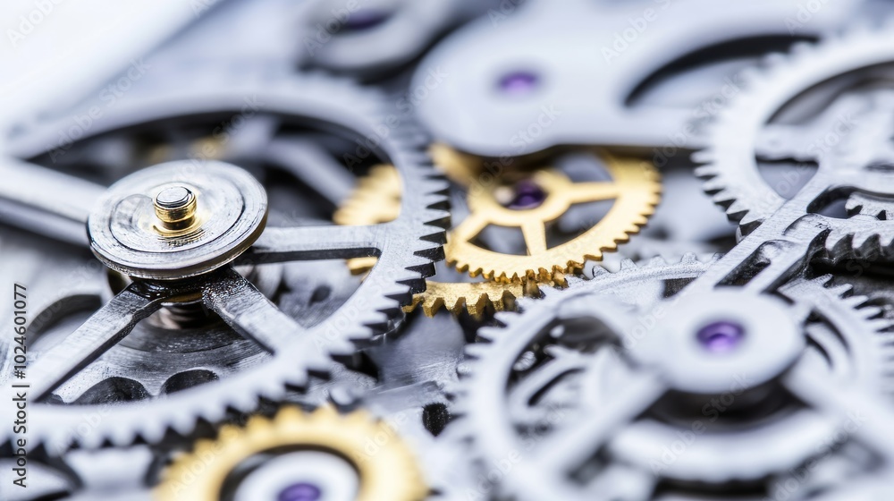 Poster close-up view of metal clockwork with gears, cogs, and intricate mechanisms in a watch.