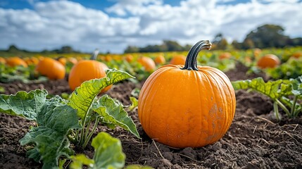 Ripe Orange Pumpkin in a Field of Pumpkins with Green Vines