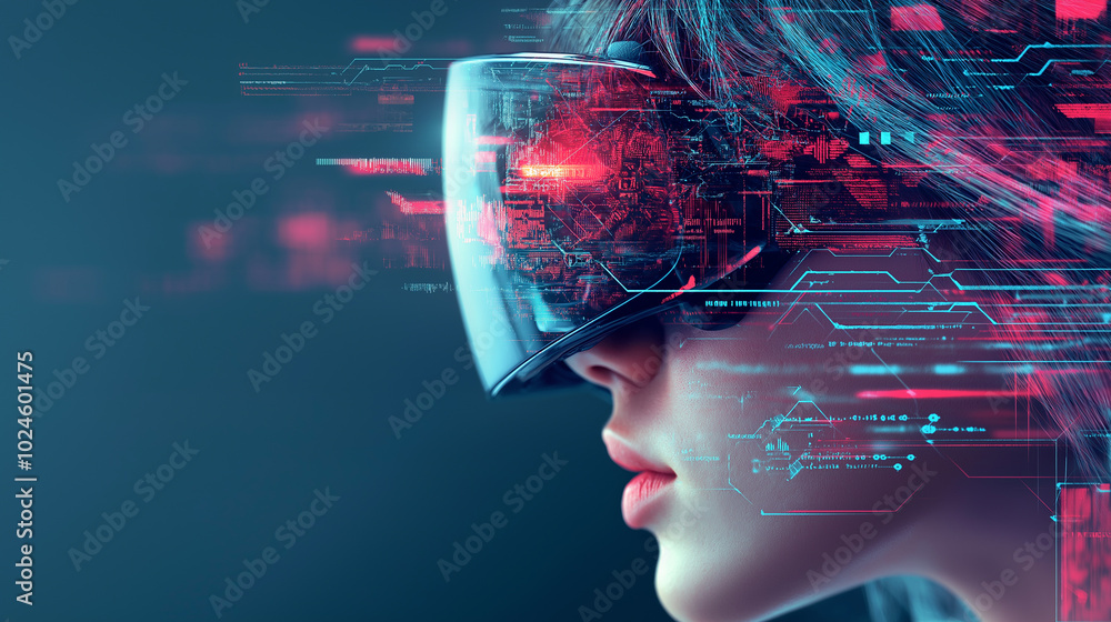 Poster girl in hi-tech vr glasses with elements of artificial intelligence. background in a high-tech style
