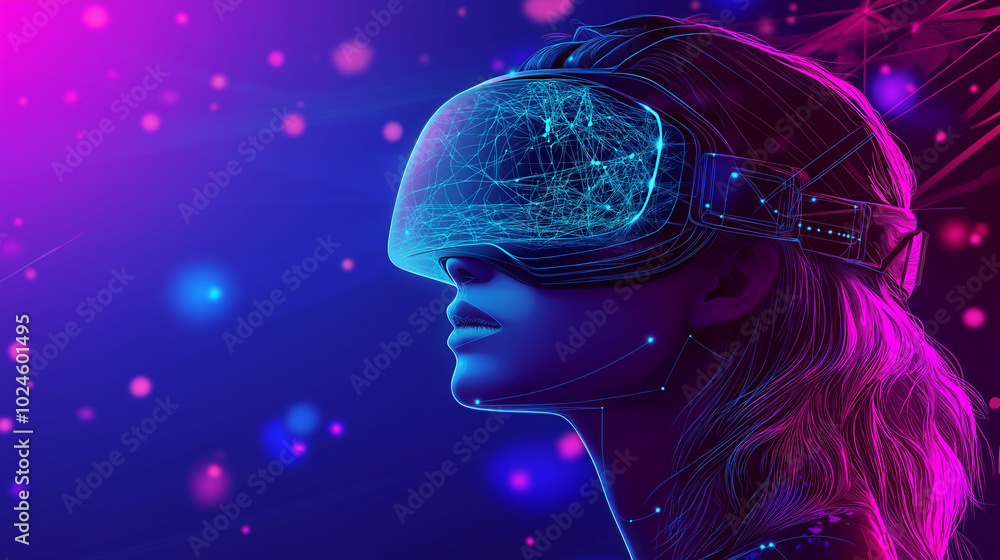 Poster girl in hi-tech vr glasses with elements of artificial intelligence. background in a high-tech style