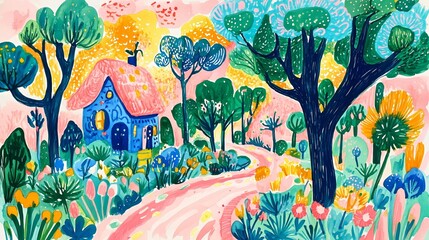 Obraz premium A vibrant illustration mimicking a child's artwork showcases a charming blue countryside home amidst an array of whimsical trees and blooming flowers.