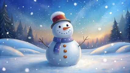 Cheerful snowman character wearing a hat and scarf in a beautiful snowy landscape at sunset