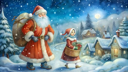 Charming Santa Claus and cheerful girl carrying gifts in a snowy village during Christmas