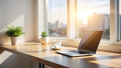 Modern workspace with a laptop, coffee cup, and plants, illuminated by sunlight in a cozy office